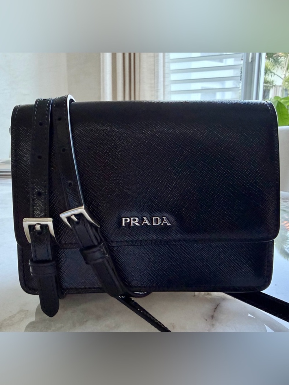 PRADA  Black Saffiano & Red Interior Leather Metal Crossbody Shoulder Bag Clutch - Picture 2 of 15